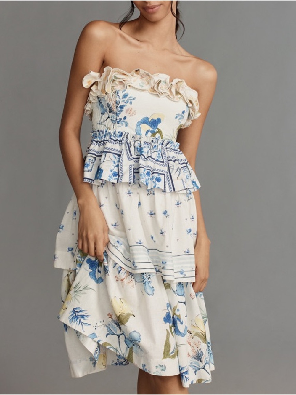 Maeve Anthropologie Linen Strapless Ruffle Tiered Floral Dress L